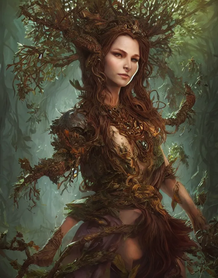 Image similar to a woman tree druid with leaf themed clothing, fully clothed, D&D, fantasy, intricate, cinematic lighting, highly detailed, digital painting, artstation, concept art, smooth, sharp focus, illustration, art by Justin Gerard