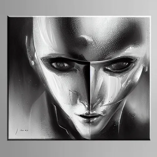 Image similar to abstract robot concept art oil painting, black and white, by jama jurabaev, highly detailed, brush hard, artstation