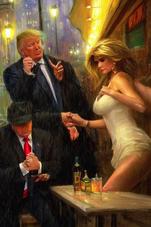 Image similar to donald trump buying drugs from vladimir putin in a dark raining city alley by adrian smith and wlop and vladimir volegov and alexander averin and delphin enjolras