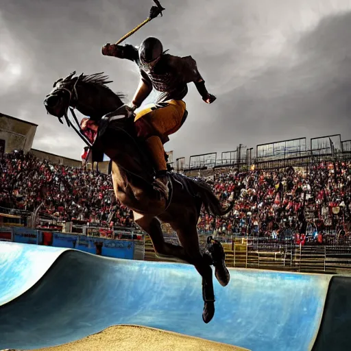 Prompt: roman horse with chariot racer high jumping in a skate park half-pipe, video game cover, intense, high detail, crowd cheering, Tony Hawk