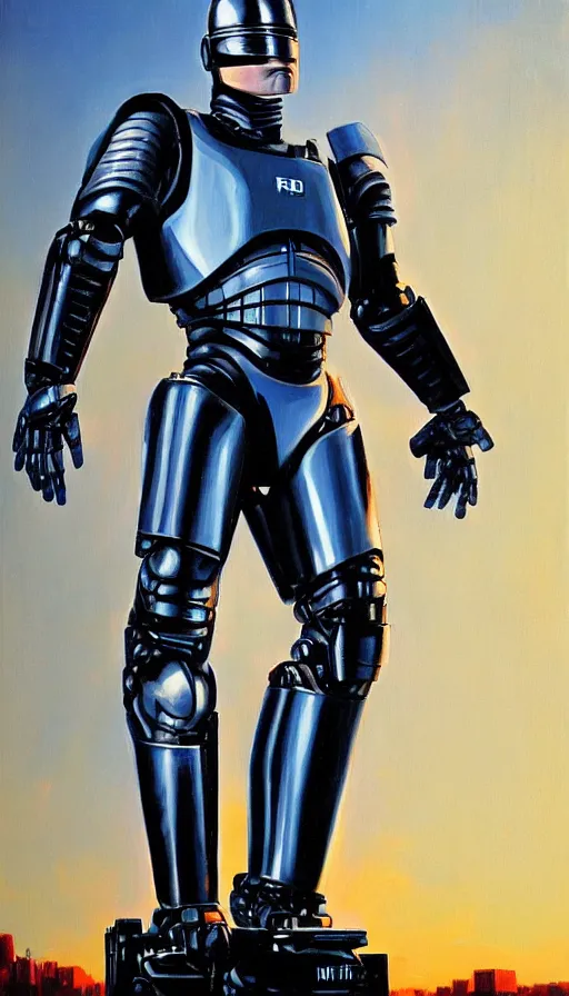 Image similar to robocop, heroic pose, oil painting, rim lighting, by jeff smith