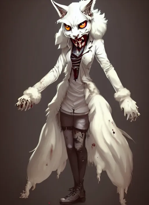 Image similar to wide angle beautiful full body portrait of a strong female damaged zombie anthropomorphic anthro white lynx fursona wearing a steampunk dress toothsome open mouth. character design by disney, anime, manga, charlie bowater, ross tran, artgerm, and makoto shinkai, detailed, soft lighting, rendered in octane