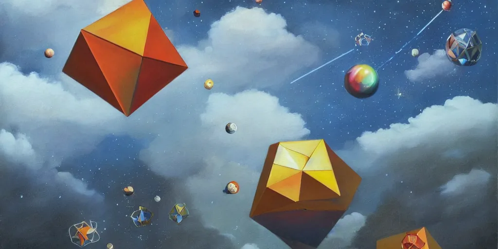 Prompt: a painting by ralph mcquarrie of floating molecules and a giant head icosahedron with stars, clouds, and rainbows in the background, trending on artstation, masterpiece, incredible details