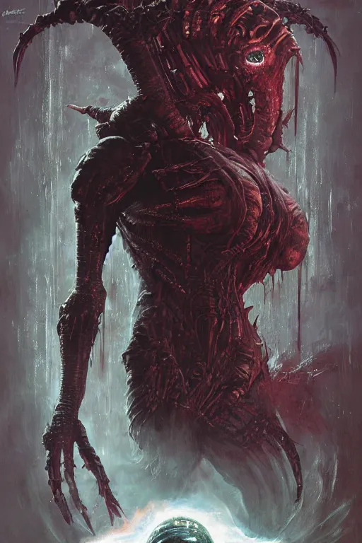 Prompt: portrait of samus metroid by hr giger, greg rutkowski and wayne barlowe as a diablo, dark souls, bloodborne monster, veiled necromancer lich bride