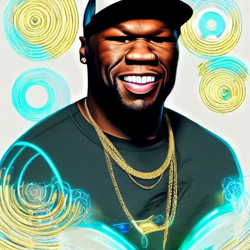 Image similar to 5 0 cent wearing a laughing golden armor, digital illustration by ruan jia on artstation, outlined by whirling illuminated neon lines and fine lines swirling in circles by jesper ejsing and rhads and makoto and shinkai and lois van baarle, digital art, trending on artstation - h 8 3 2