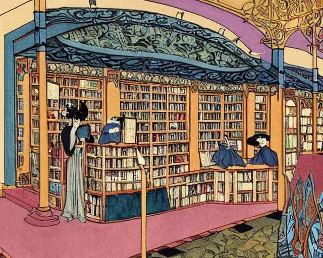 Image similar to bookstore filled with witches detailed painting art nouveau in the style of george barbier