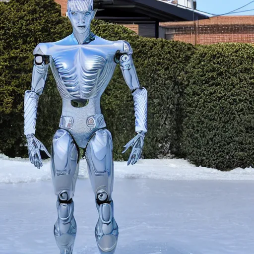 Image similar to made of ice, a realistic detailed photo of a guy who is an attractive humanoid who is half robot and half humanoid, who is a male android, on display, blank stare, showing off his muscles, shiny skin, posing like a statue, by the pool, frozen ice statue, twitch streamer / gamer ludwig, humanoid robot