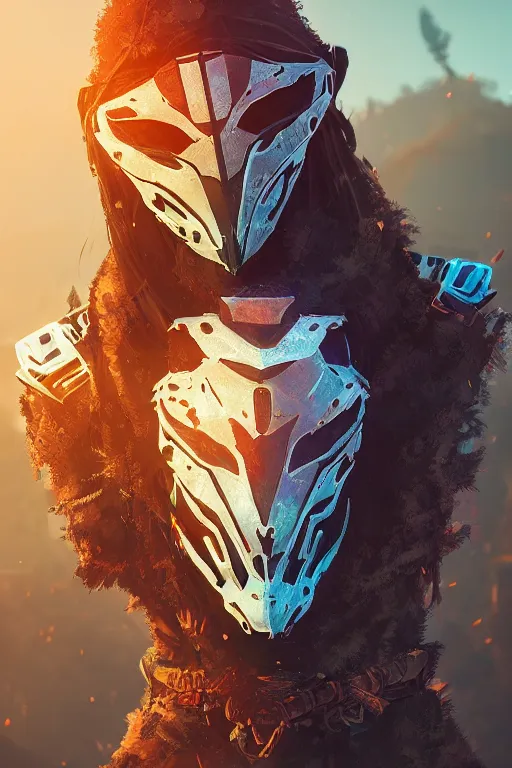 Image similar to combination suit armor aloy horizon forbidden west horizon zero dawn radiating a glowing aura global illumination ray tracing hdr fanart arstation by ian pesty and alena aenami artworks in 4 k tribal robot ninja mask helmet backpack