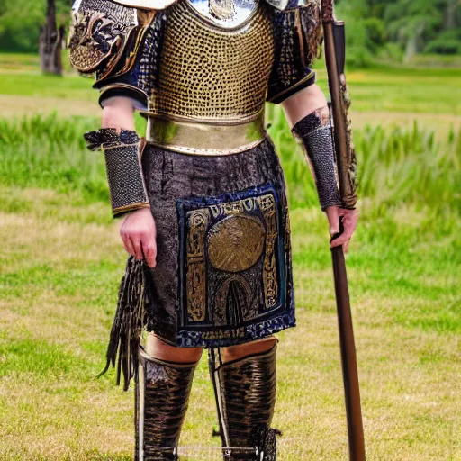 Image similar to a high resolution 35mm realistic photograph of an old man wearing a suit of ornate ceremonial armor. The armor is detailed and regal with a large hemp leaf pattern on the chest plate. Dynamic composition with natural lighting in a battlefield setting