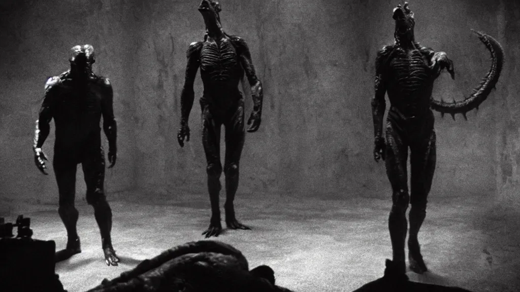 Prompt: movie scene of a man and a draconian humanoid, reptoids, archons, saurians, draconians, reptile, reptilian, draconian, movie still, cinematic composition, cinematic light, criterion collection, reimagined by industrial light and magic, Movie by Andrzej Żuławski and David Lynch