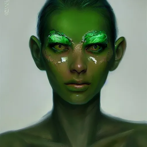 Image similar to a portrait of an intensely lit monstruous insect girl modeling, green, oil painting, pale colors, high detail, 8 k, wide angle, trending on artstation,