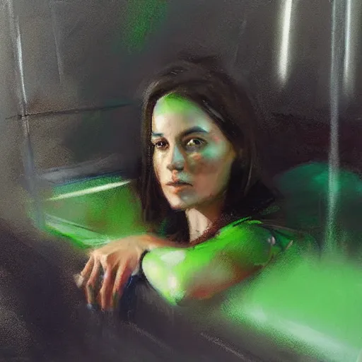 Prompt: portrait of a woman sitting in a bus covered in green paint by casey baugh