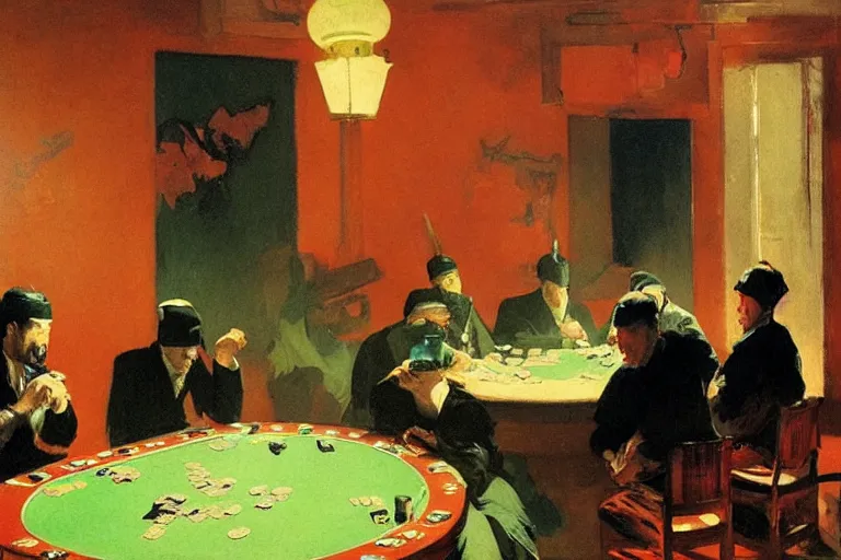 Image similar to ninjas playing poker, inside a tiny green room with red lights by joaquin sorolla, greg rutkowski, hokusai