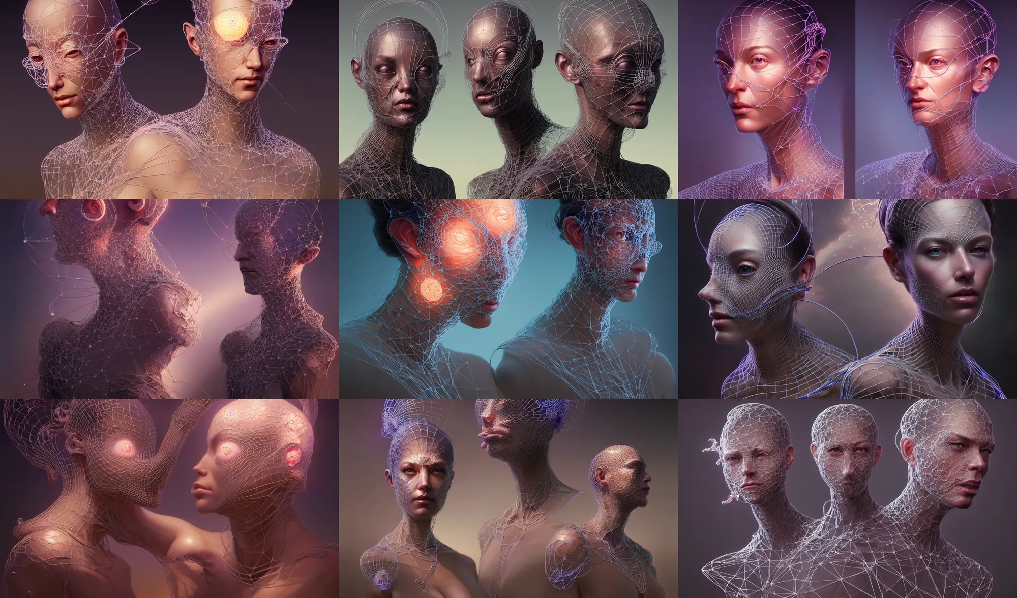 Prompt: beautiful portrait, high poly 3 d glowing wireframe models, ultra realistic, intricate details, holographic artifacts, highly detailed by peter mohrbacher, boris vallejo, hajime sorayama, wayne barlowe, paolo eleuteri serpieri