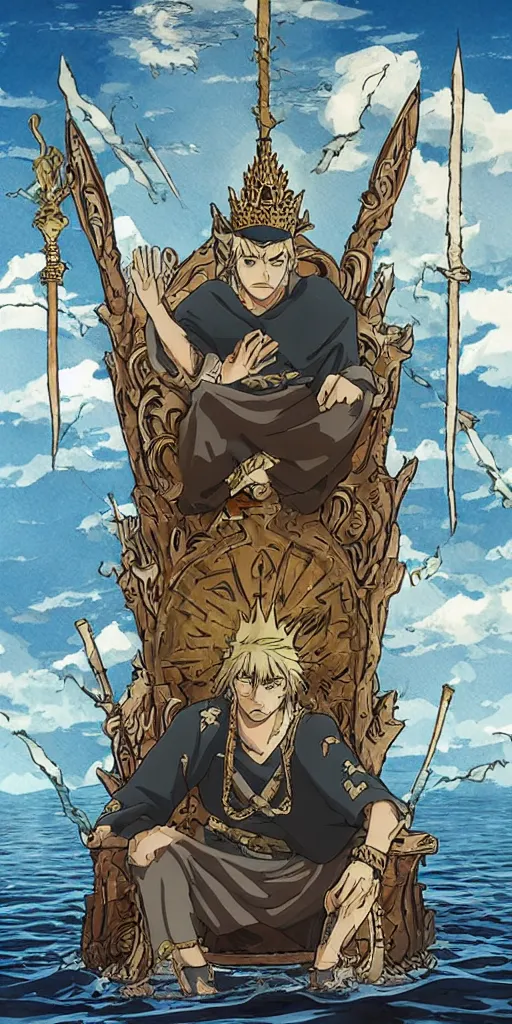 Image similar to a single lone king sitting on a throne floating on water in the middle of a lake drawn by Makoto Yukimura in the style of Vinland saga anime, full color, detailed,