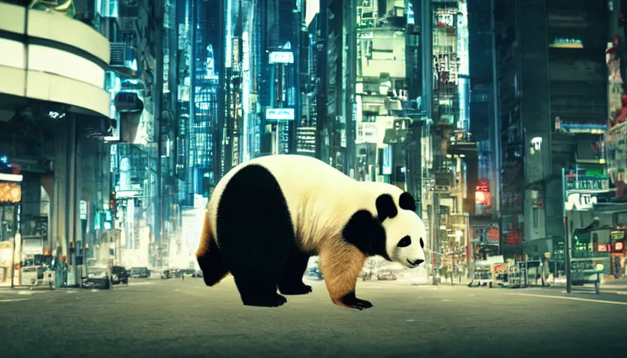 Prompt: cyborg panda in futuristic city, movie still, analog film, anamorphic lens