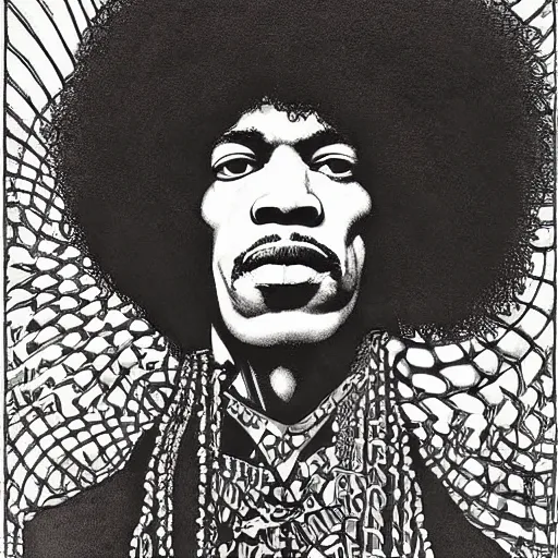 Prompt: artwork by Franklin Booth showing a portrait of Jimi Hendrix, afro futurism