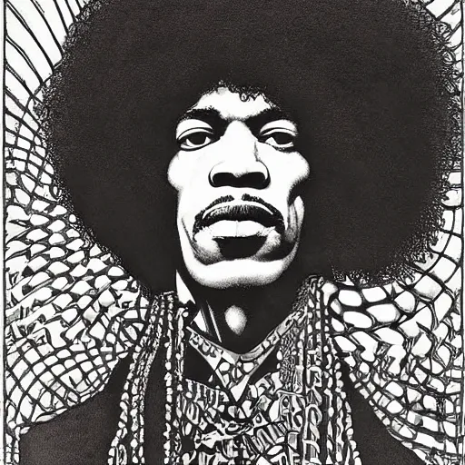 Image similar to artwork by Franklin Booth showing a portrait of Jimi Hendrix, afro futurism