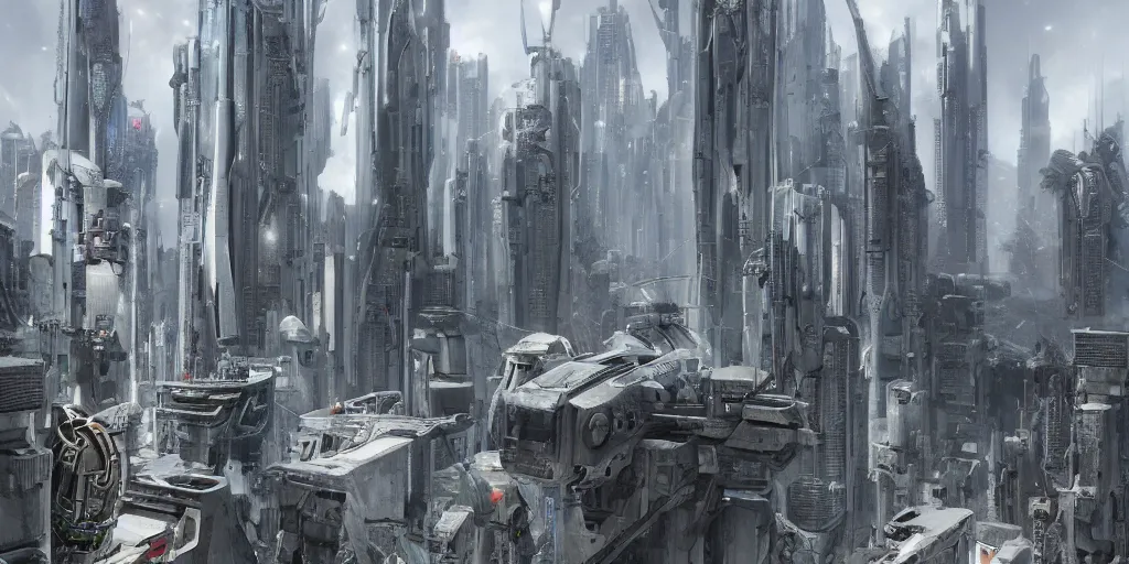 Prompt: complex and futuristic cyberpunk robot city made out of white marble and brutalist concrete with falling snow, photo by jim burns, peter andrew jones, michael hutter, sharp digital painting. dreaming latent space. matte painting, concept art. artstation. digital render, award winning architecture, hdrp, ue 4, ue 5, revit, autodesk, autocad