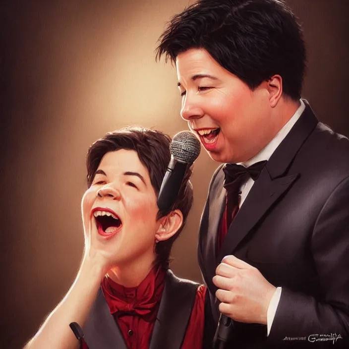 Image similar to michael mcintyre flirting with a singing waitressa, elegant, real life skin, intricate artwork, high detailed, artstation, concept art, smooth, sharp focus, art by artgerm and greg rutkowski