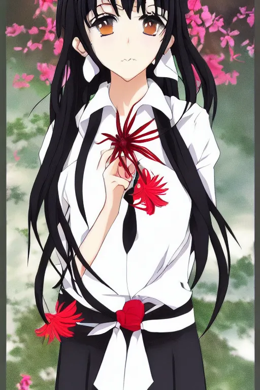 Image similar to Key anime visual of a beautiful girl with black hair and red eyes holding a spider lily; wearing white blouse with black tie; trending on Pixiv; digital art