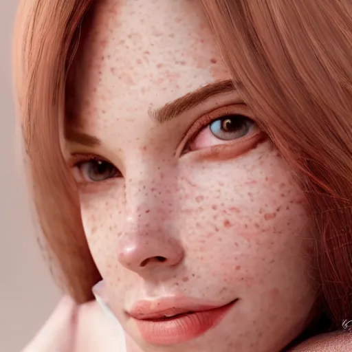 Image similar to portrait of a cute thin young woman, red blush, cute freckles wearing casual clothes, small smile, relaxing on a couch, cozy living room, close up shot, 8 k, art by diego fazio and irakli nadar, hyperrealism, hyperdetailed, ultra realistic