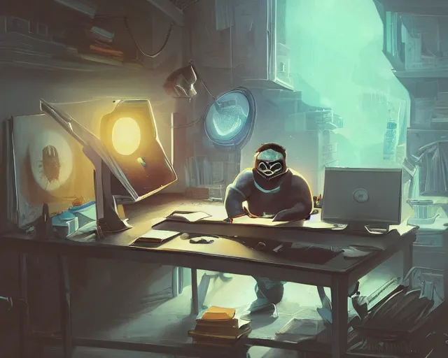 Image similar to an insanely detailed painting of a slightly chubby, nerdy asian man wearing a superhero costume and mask, sitting at a desk, staring at the nervously at the computer and typing, in the style of peter mohrbacher, dramatic lighting and composition, octane render, trending on artstation, concept art, comic book, view from back
