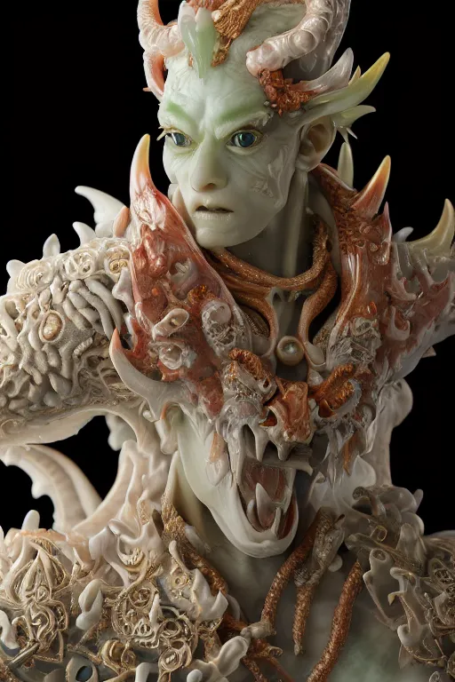 Image similar to a closeup portrait photo, alabaster and jade real delicate ceramic porcelain sculpture of an ornate detailed humanoid dragon demon devil god in front of an intricate background by rafael, micro detail, backlit lighting, subsurface scattering, translucent, thin porcelain, emerald, flames, amber, octane renderer, colorful, physically based rendering, trending on cgsociety