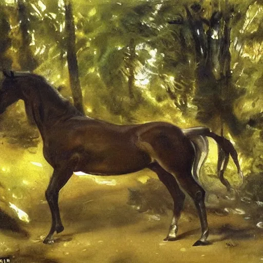 Image similar to A beautiful water painting of an elf Horse in the forest, John Singer Sargent