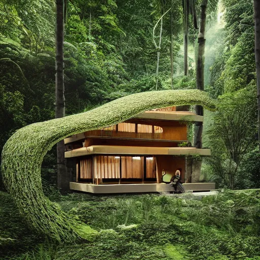 Image similar to a beautiful 3d renderings of a little huse in a jungle, architecture by Kengo Kuma. Architectural photography, 14mm, cinematic photography, high resolution 4k, cg architects, vray