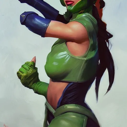 Prompt: greg manchess portrait painting of jade from mortal kombat as overwatch character, medium shot, asymmetrical, profile picture, organic painting, sunny day, matte painting, bold shapes, hard edges, street art, trending on artstation, by huang guangjian and gil elvgren and sachin teng