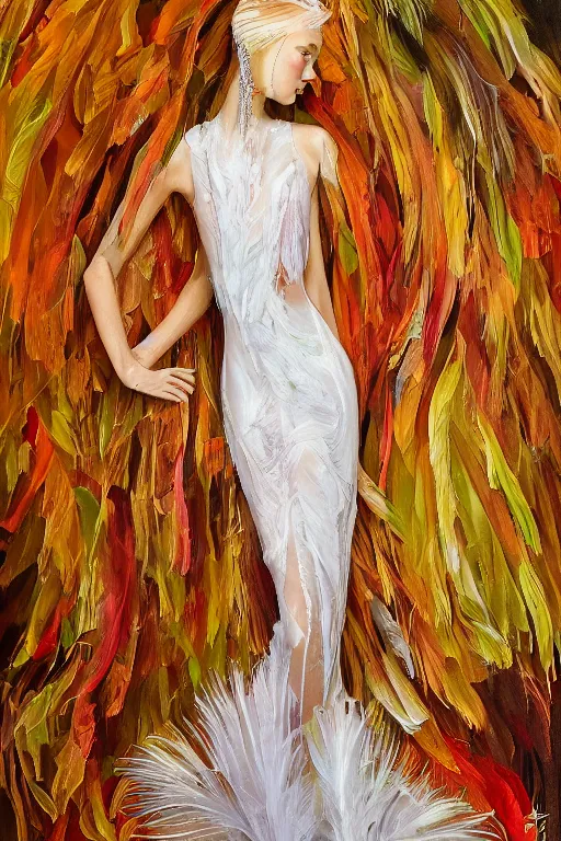 Image similar to a translucent feminine dress made of feathers, fashion design, stylized, oil painting