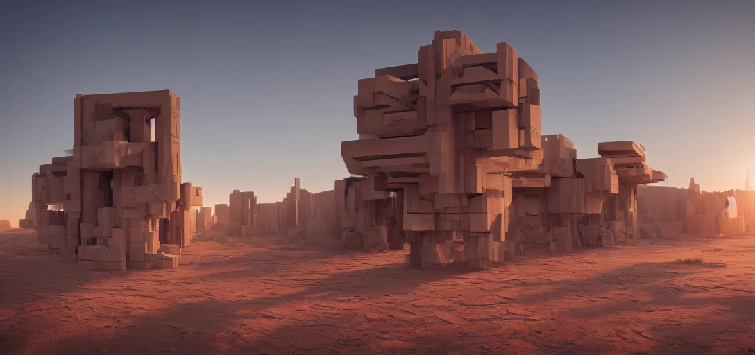 Image similar to view from the desert ground of futuristic blocky brutalist structure at dusk, the sun has just set, glowing heat haze, mirage, light rays, symmetry, cinematic lighting, ultra detailed, sharp, ambient occlusion, bloom, raytracing, by greg rutowski, finnian macmanus and jessica rossier