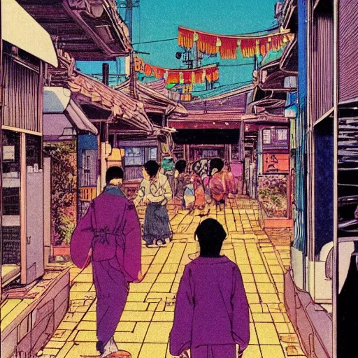 Prompt: 1979 magazine cover depicting a futuristic Japanese village at street level. Art in the style of Moebius, cyberpunk, masterpiece