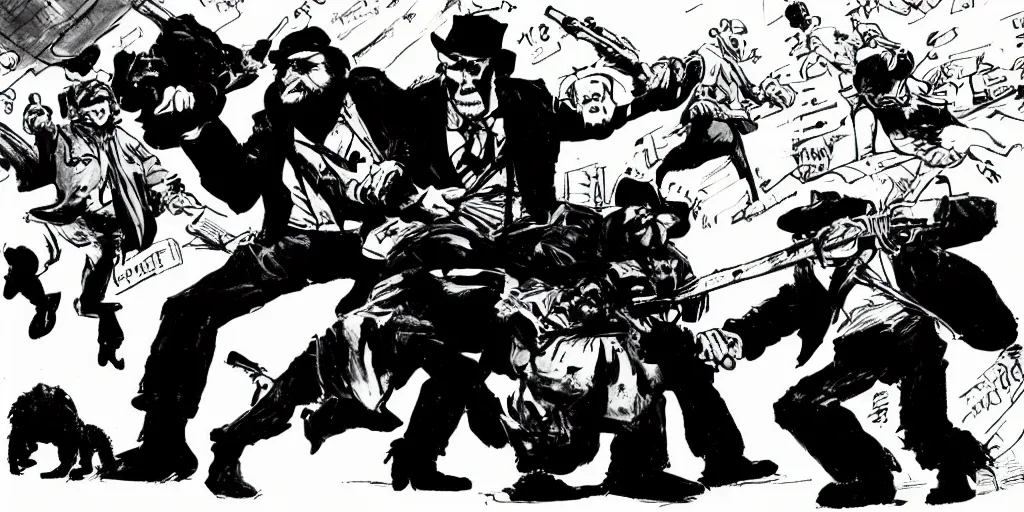 Image similar to style of frank miller, of a group of werebears robbing a bank