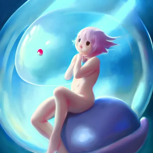 Image similar to cinematic portrait of cute Mew riding large blue bubble, oil on canvas, masterpiece, trending on artstation, featured on pixiv, cinematic composition, dramatic pose, beautiful lighting, sharp, details, hyper-detailed, HD, HDR, 4K, 8K