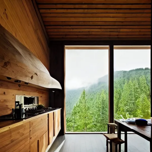 Image similar to a modern kitchen inside of a wooden cabin designed by peter zumthor, surrounded by tropical vegetation, poetic architecture, digital painting, greg rutkowski, artstation