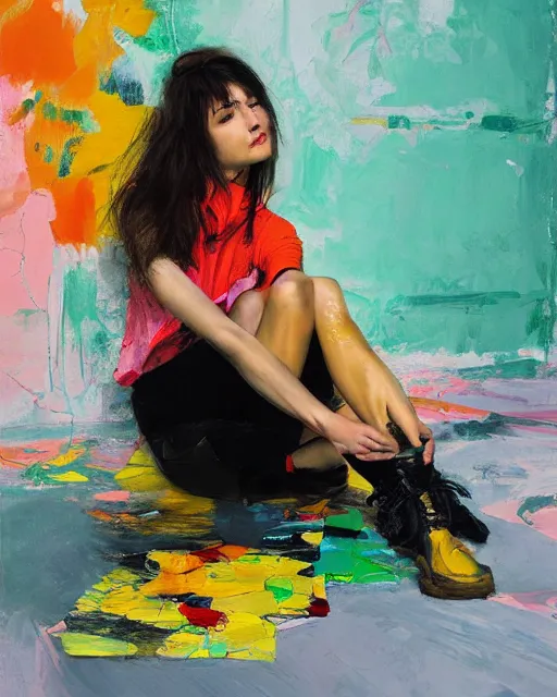 Image similar to a ultradetailed beautiful panting of a stylish woman sitting on the floor in a tiled room, she is wearing streetwear, bright colors, highly detailed face, oil painting, by ruan jia