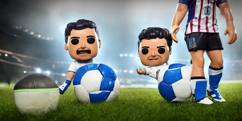 Image similar to funko of young thing maradona with big head, argentina t - shirt, smile, no beard, stand with a ball under his left foot, max resolution, high contrast, cinematic, light cinematic, volumetric, realistic, cinematic lighting, octane render, hyper realistic