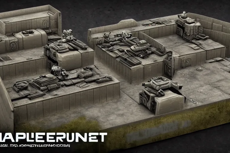 Image similar to 40k Tau empire bunker. Tao coalition. Greater good gromdark bunker. 3d printable wargaming terrain. High resolution render. CGSociety.