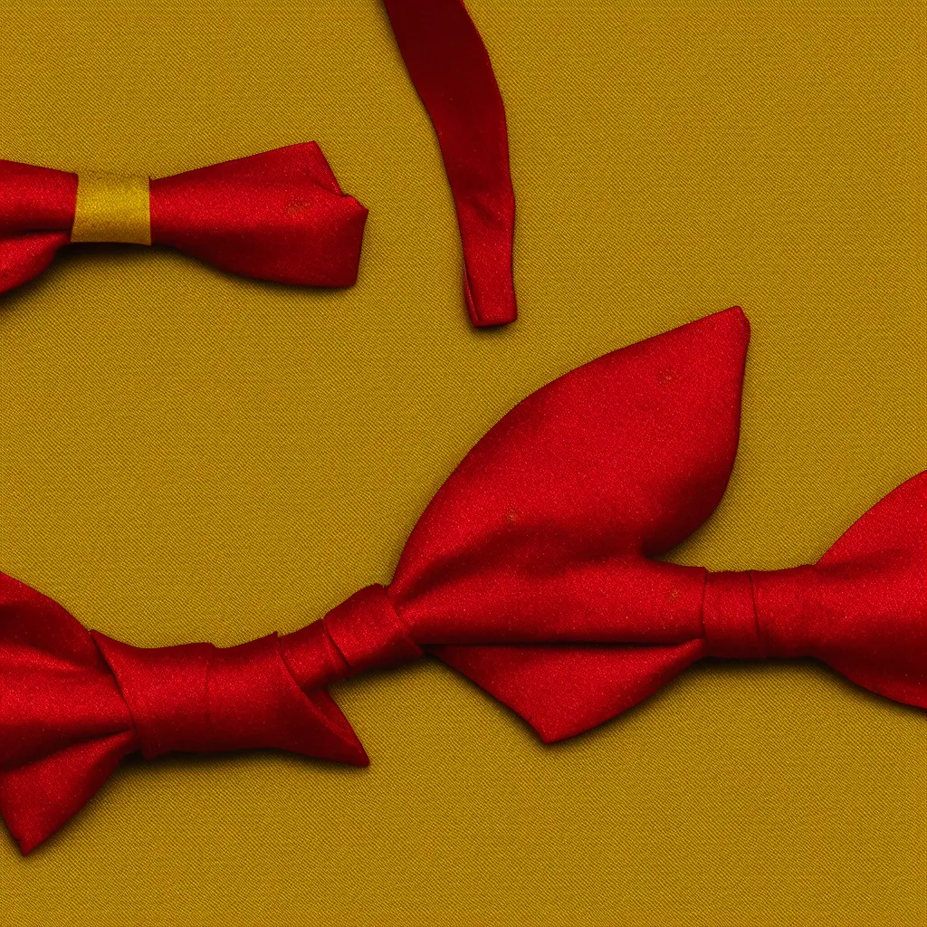 Image similar to close - up view of a red bowtie on yellow background, 8 k, high detail, photorealistic, proper shading