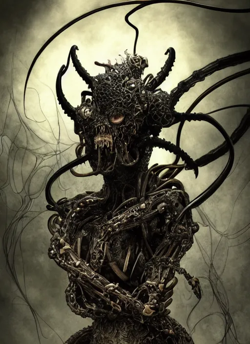 Image similar to photorealistic carbon steel hell demon beast in a mess of bones, black tentacles with fangs, carbon fiber, obsidian, biomechanical, synthetic muscles, gathering her power in a blackened cave, sorayama, mucha, moebius, black paper, octane render, zbrush, trending on artstation, beksinski, hellscape peter mohrbacher