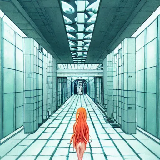 Image similar to a slimegirl in a bright white hallway with many doors and many stairs, Mc Escher architecture, epic composition, by Makoto Shinkai