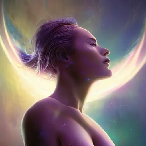 Image similar to celestial goddess portrait, legendary epic shot, philosophical fiction, low angle, dawn, by artgerm, julie bell, beeple and Greg Rutkowski, airbrush, science fantasy, 90s, concept art, matte painting, Smooth gradients, octane render, 8k, High contrast, duo tone, depth of field, volumetric lightning, very coherent artwork