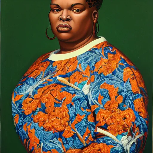 Image similar to A portrait of a thick powerful and pretty non-binary person, oil painting by Kehinde Wiley, majestic, detailed, high resolution