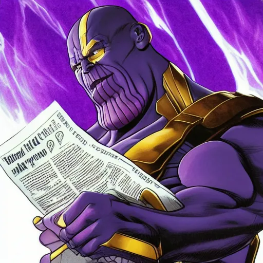 Prompt: Thanos is reading a newspaper, by Shinji Aramaki