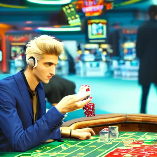 Image similar to film still of xqc gambling in Vegas, 4k, photorealism, artstation style