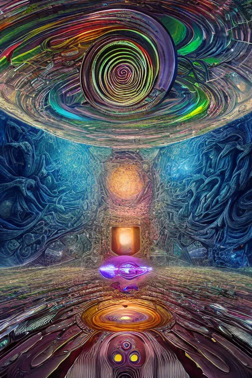 Prompt: the machine universe encounters a living cosmos inside an asymmetric orthogonal non - euclidean upside down inside out world with an infinite cosmic spiral waterfall of living information, inspired by android jones and blake foster, hyperrealistic, extreme detail, psychedelic visionary digital art, concept art, rendered in cinema 4 d, cryengine 8 k