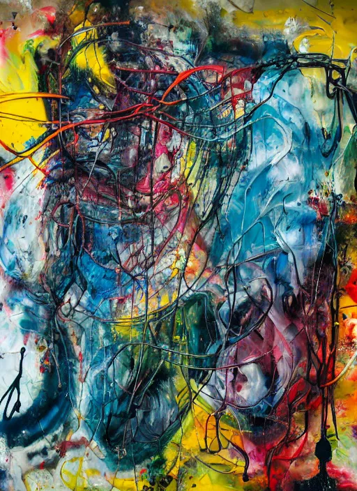 Prompt: abstract expressionism oil painting intertwined with a mutant biomorphic biological human structure, spray paint texture, drips, impasto paint, 3 d graffiti texture, brushstrokes, abstract, highly detailed, hyperealistic fresh paint, harmonious, chaotic, colorful, in the style of francis bacon