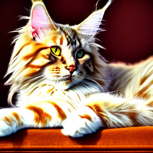 Prompt: portrait cream color maine coon cat curled up, bay window sofa, 8K, 4K, digital art, palette knife, oversaturated lens flair, bokeh, sunbeam, UE5